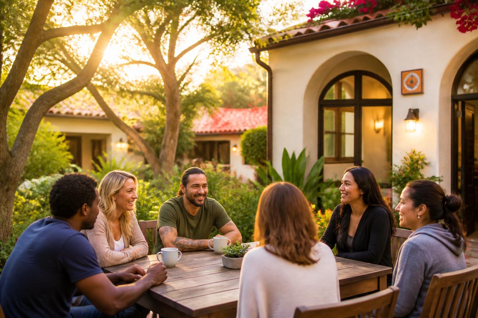 Residents sharing conversation around a courtyard table at golden hour