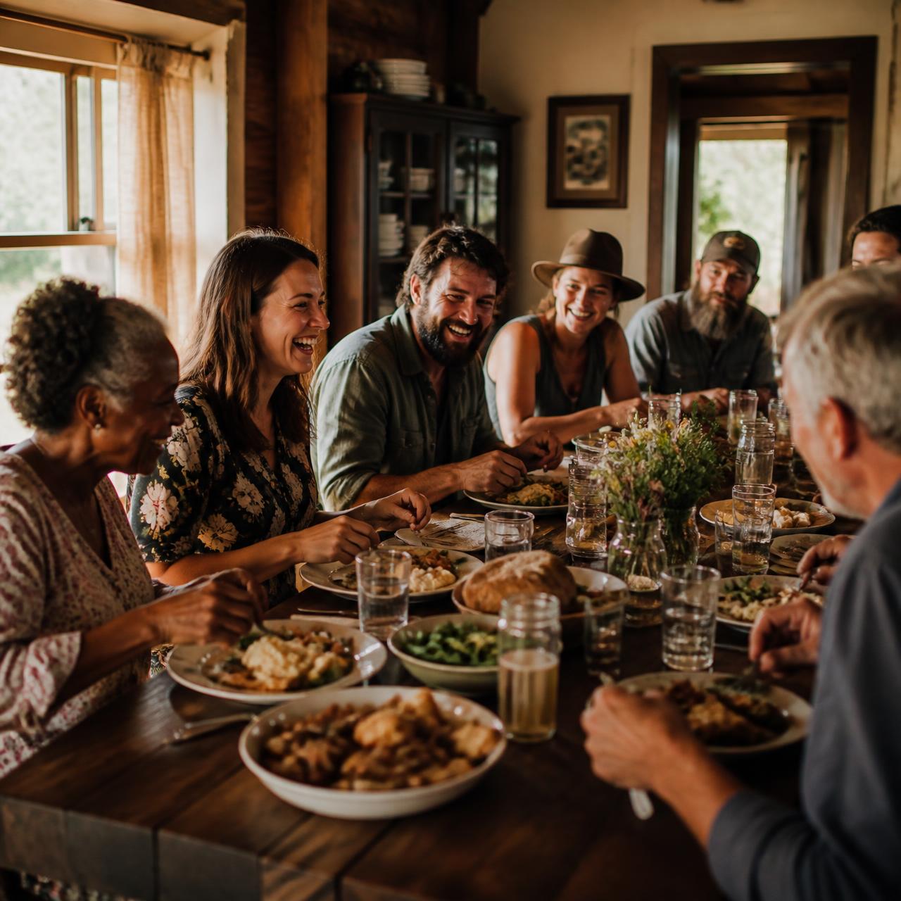 Residents and staff laughing over a shared meal at the farmhouse table